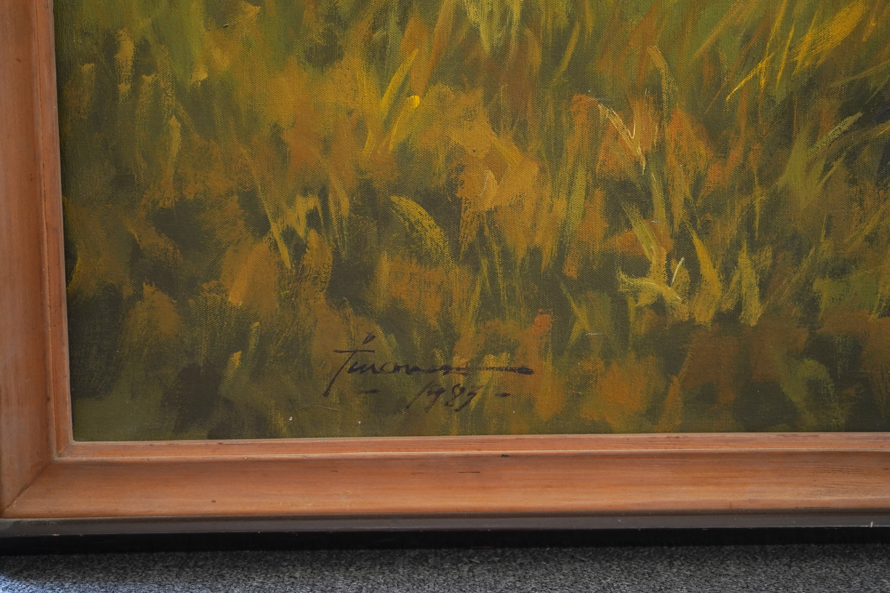 Far Eastern School, 20th century, Harvest scene with figures, signed and dated 1987, oil on canvas, 90 x 90cm